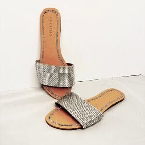 Andiamo Sparkle Atabitha Slides Flat Sandal Shoes Women US 9W Silver Rhinestone
